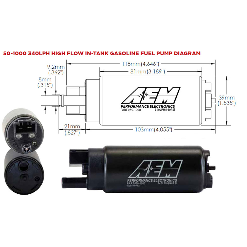 Photo for AEM Electric Fuel Pump 50-1000; 340 LPH In Tank 340 LPH @ 40 PSI Black Steel, Plastic Gasoline 