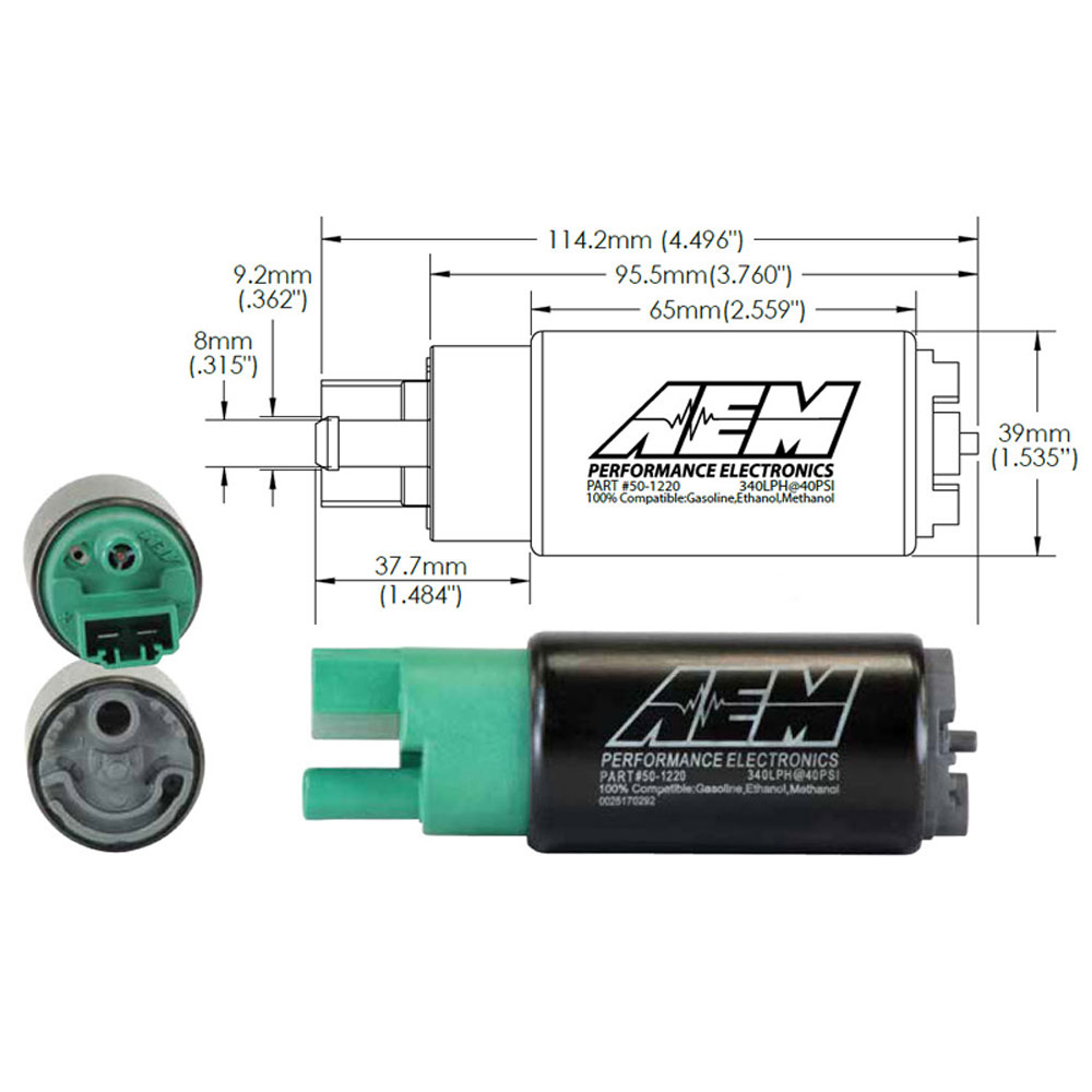 Photo for AEM Electric Fuel Pump 50-1220; 340 LPH In Tank 340 LPH @ 40 PSI Black, Green Steel, Plastic Gasoline, Methanol, Ethanol, E85