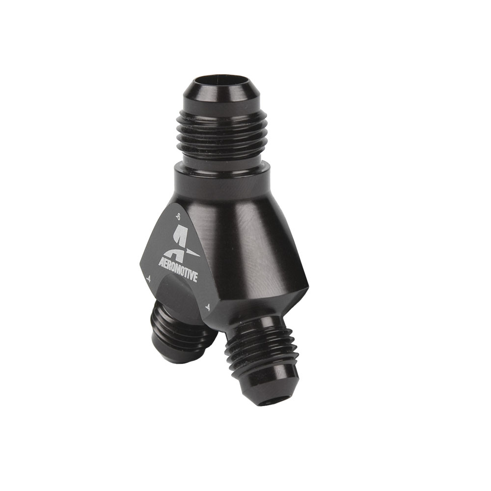 Aeromotive Distribution Blocks 15671; AN to AN Y-Block Black -06AN Male Y Fitting -04AN Male -04AN Male 