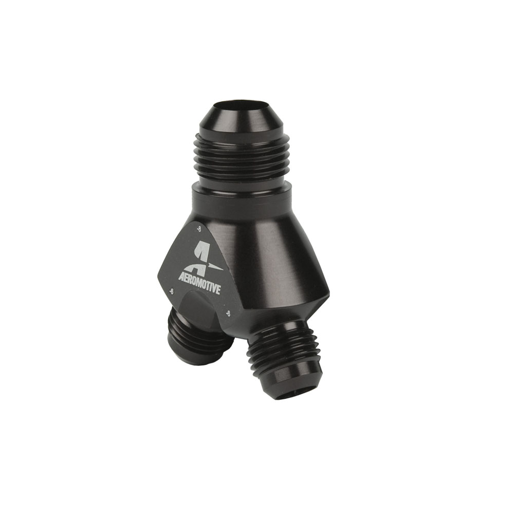 Aeromotive Distribution Blocks 15673; AN to AN Y-Block Black -08AN Male Y Fitting -06AN Male -06AN Male 