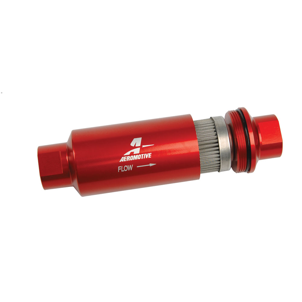Aeromotive Fuel System Fuel Filter 12304; Gasoline, E85, Methanol, Diesel 100 Micron Red Anodized Aluminum Stainless Steel Mesh 