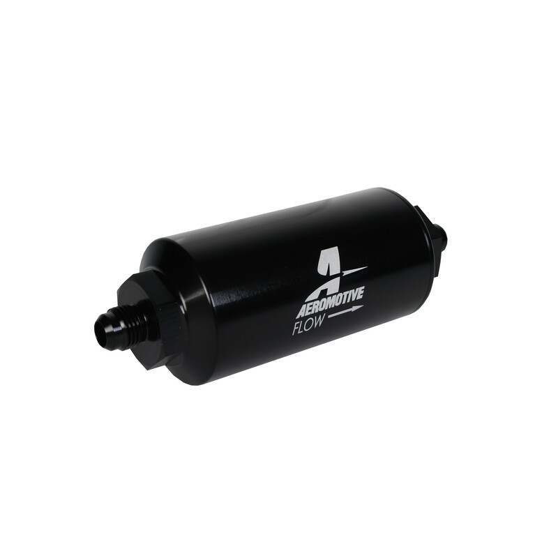Aeromotive Fuel System Fuel Filter 12347; Gasoline, Diesel 10 Micron Black Anodized Aluminum Cellulose 