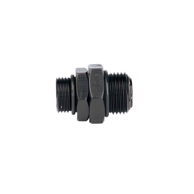 Aeromotive O-Ring Boss Fitting 15638; ORB to ORB Swivel Union Black Anodized -10AN ORB Male Straight -08AN ORB Male 