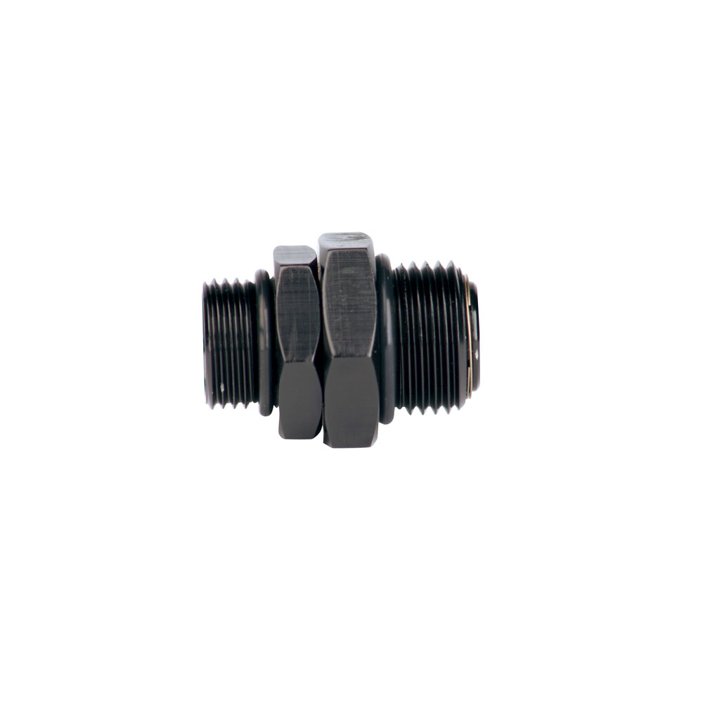 Aeromotive O-Ring Boss Fitting 15638; ORB to ORB Swivel Union Black Anodized -10AN ORB Male Straight -08AN ORB Male 