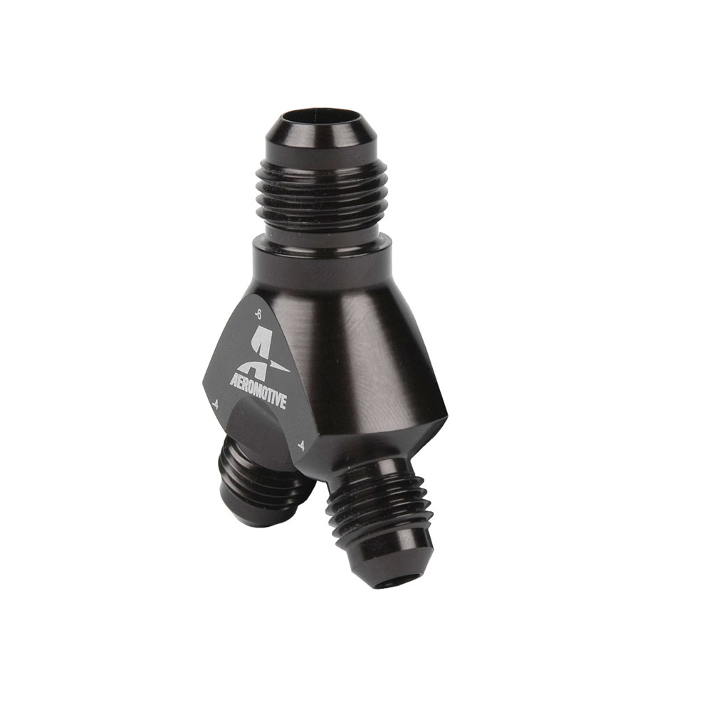 Aeromotive Fuel System AN Fitting 15671; AN to AN Y Block Black -06AN Male Y Fitting -04AN Male -04AN Male 