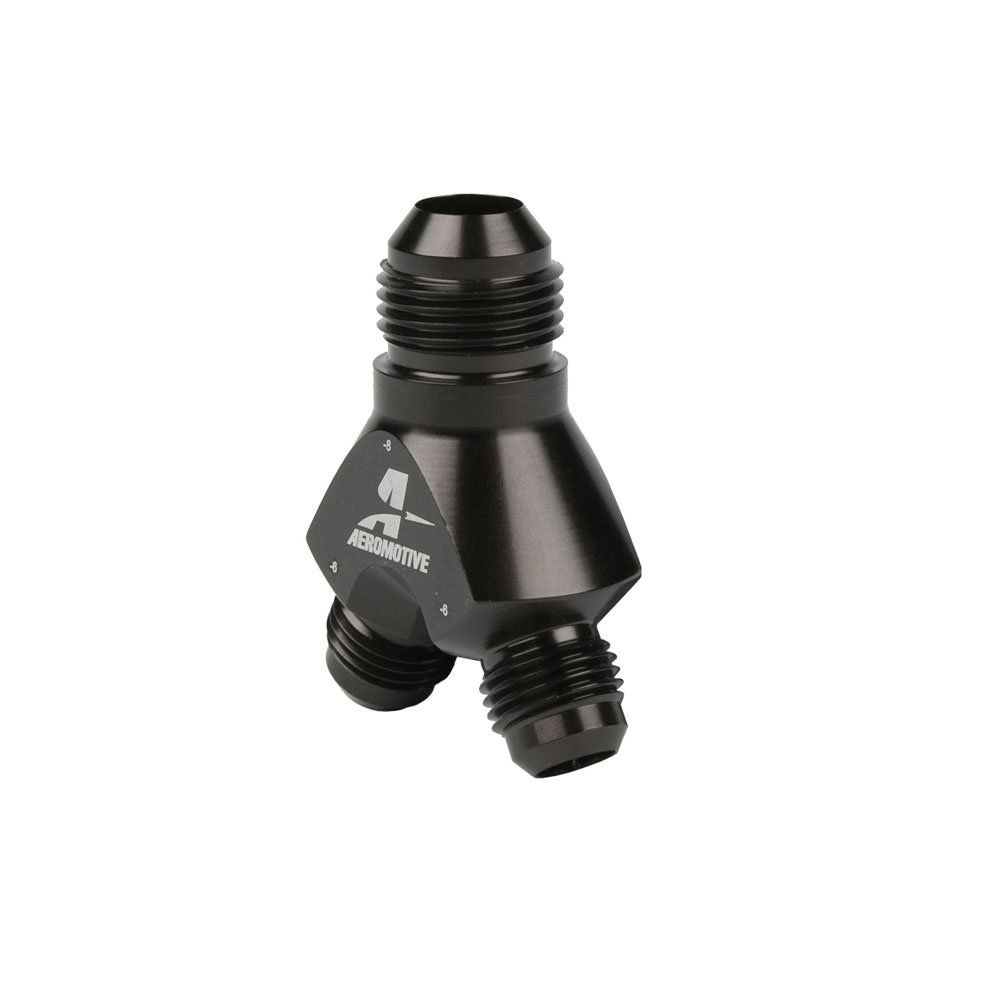 Aeromotive Fuel System AN Fitting 15673; AN to AN Y Block Black -08AN Male Y Fitting -06AN Male -06AN Male 
