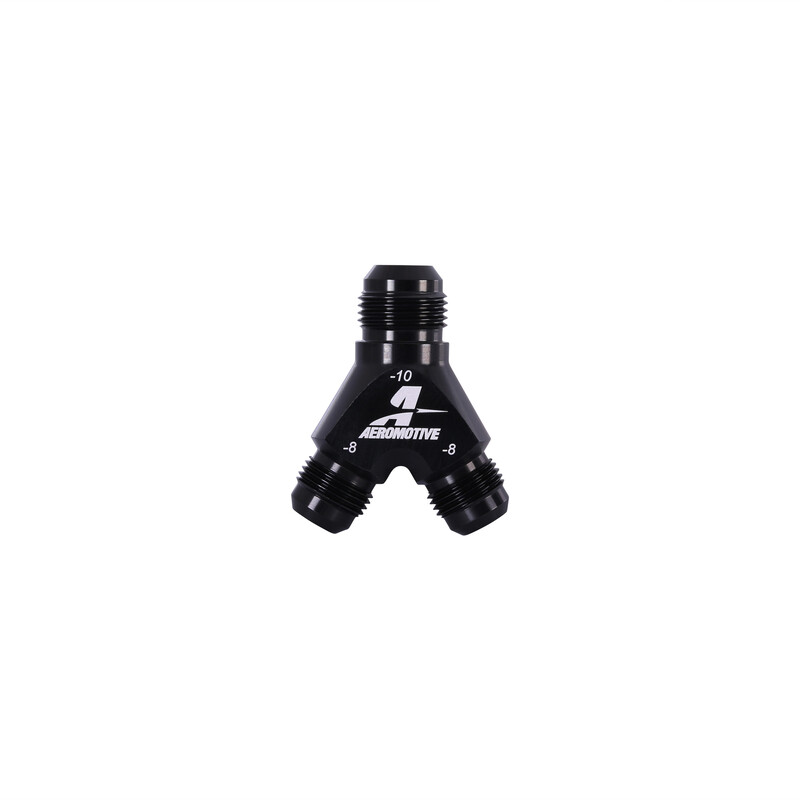 Aeromotive Fuel System Distribution Blocks 15675; AN to AN Y-Block Black -10AN Male Y Fitting -08AN Male -08AN Male 