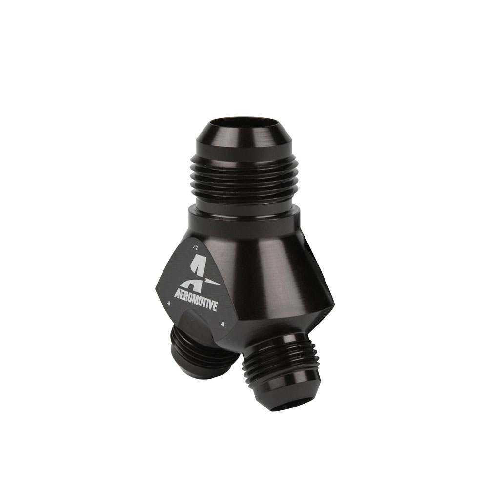 Aeromotive Fuel System Distribution Blocks 15677; AN to AN Y-Block Black -12AN Male Y Fitting -08AN Male -08AN Male 