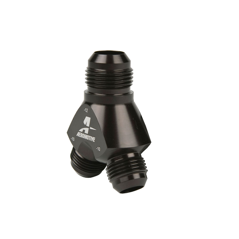 Aeromotive Distribution Blocks 15678; AN to AN Y-Block Black -12AN Male Y Fitting -10AN Male -10AN Male 