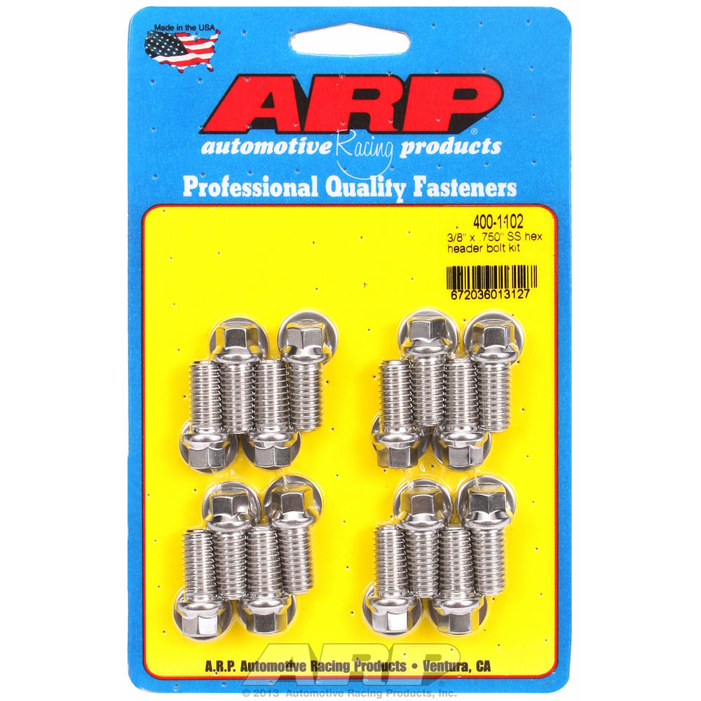 Automotive Racing Products (ARP) Exhaust Header Bolt Kit 400-1102; 3/8 in. -16 Polished Stainless Steel Hex Head for Chevy, Ford 396 to 454, 221 to 460 