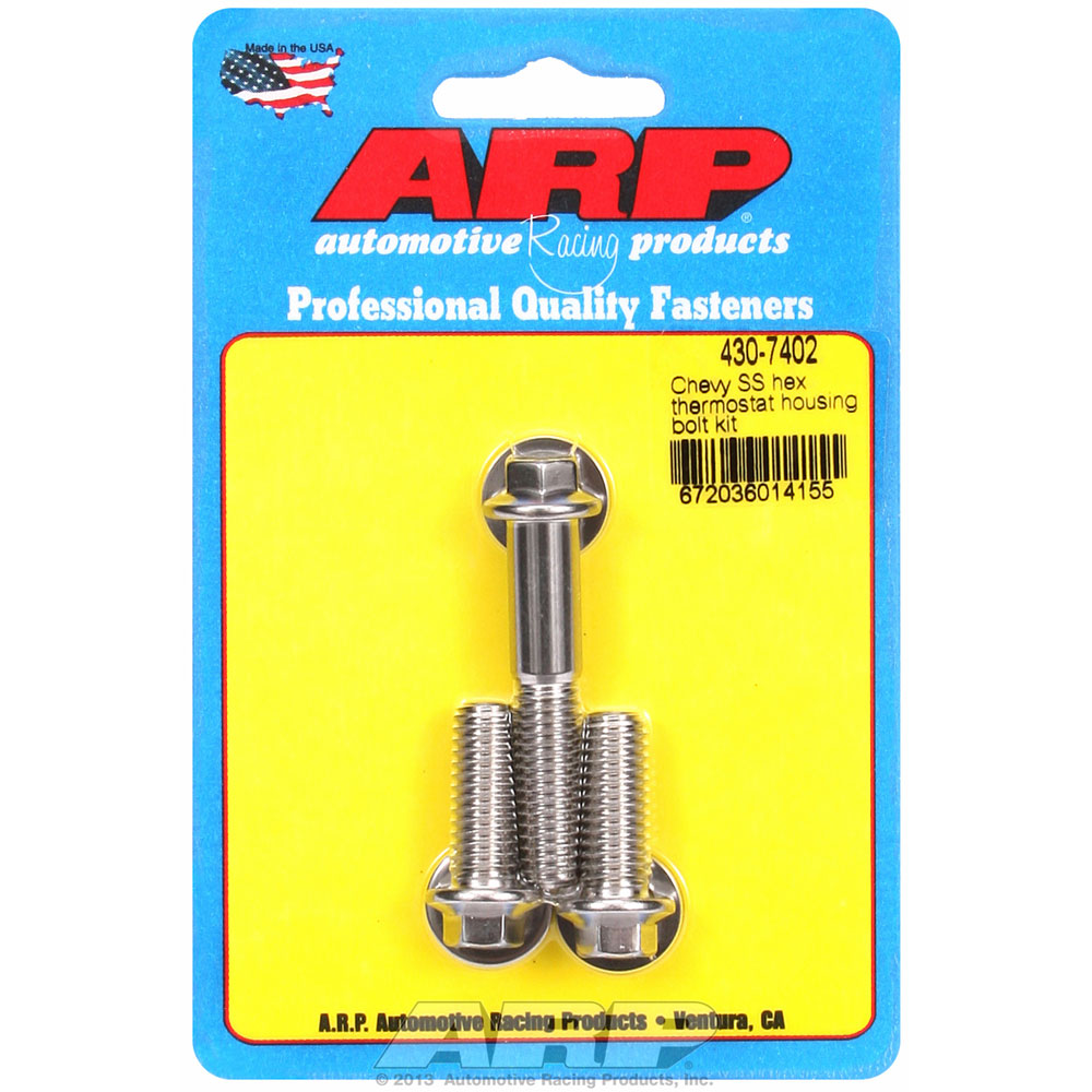 Automotive Racing Products (ARP) Thermostat Housing Bolt 430-7402; Polished Stainless Steel Hex Bolt (2) 1.000, (1) 2.000 in. 3/8 in. for Chevy 262 to 400 