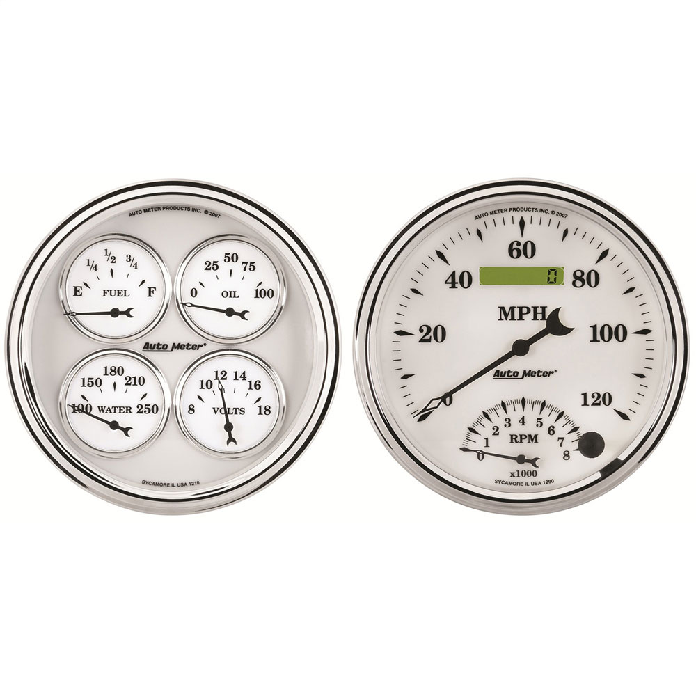 Photo for Auto Meter Gauge Set 1203; Old Tyme White II Electric Speedometer, Tach, Water Temp, Volts, Oil Pressure, Fuel Level White