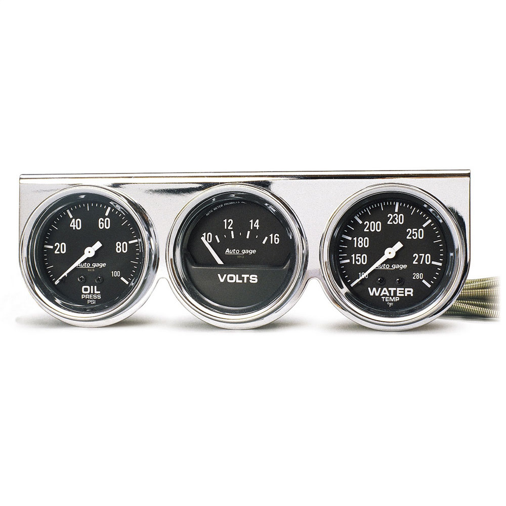 Photo for Auto Meter Gauge Set 2399; Auto Gage Water Temp, Volts, Oil Pressure Black Chrome Dash Panel