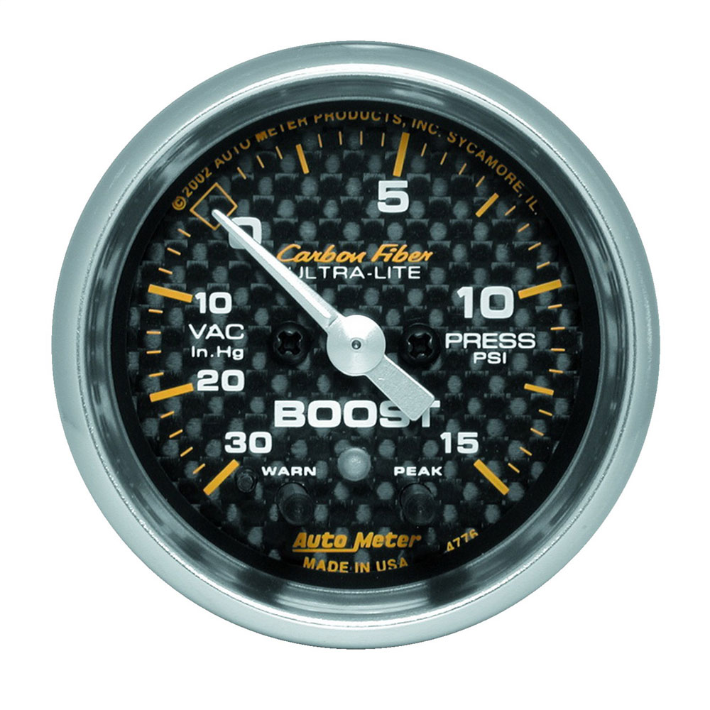 Photo for Auto Meter Multi Purpose Boost/Vacuum Gauge 4776; Carbon Fiber Boost, Vacuum 30 inHg to 15 PSI 2-1/16 in. Full Electric