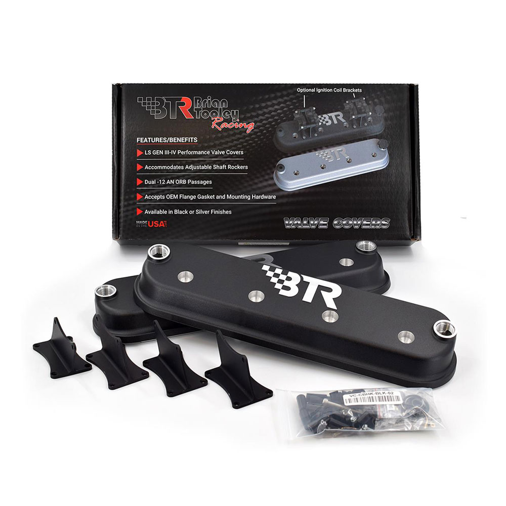 Photo for Brian Tooley Racing Valve Cover Set VCA-02-BLK-CM; BTR Logo Black Aluminum for 1999 to 2013 GM LS