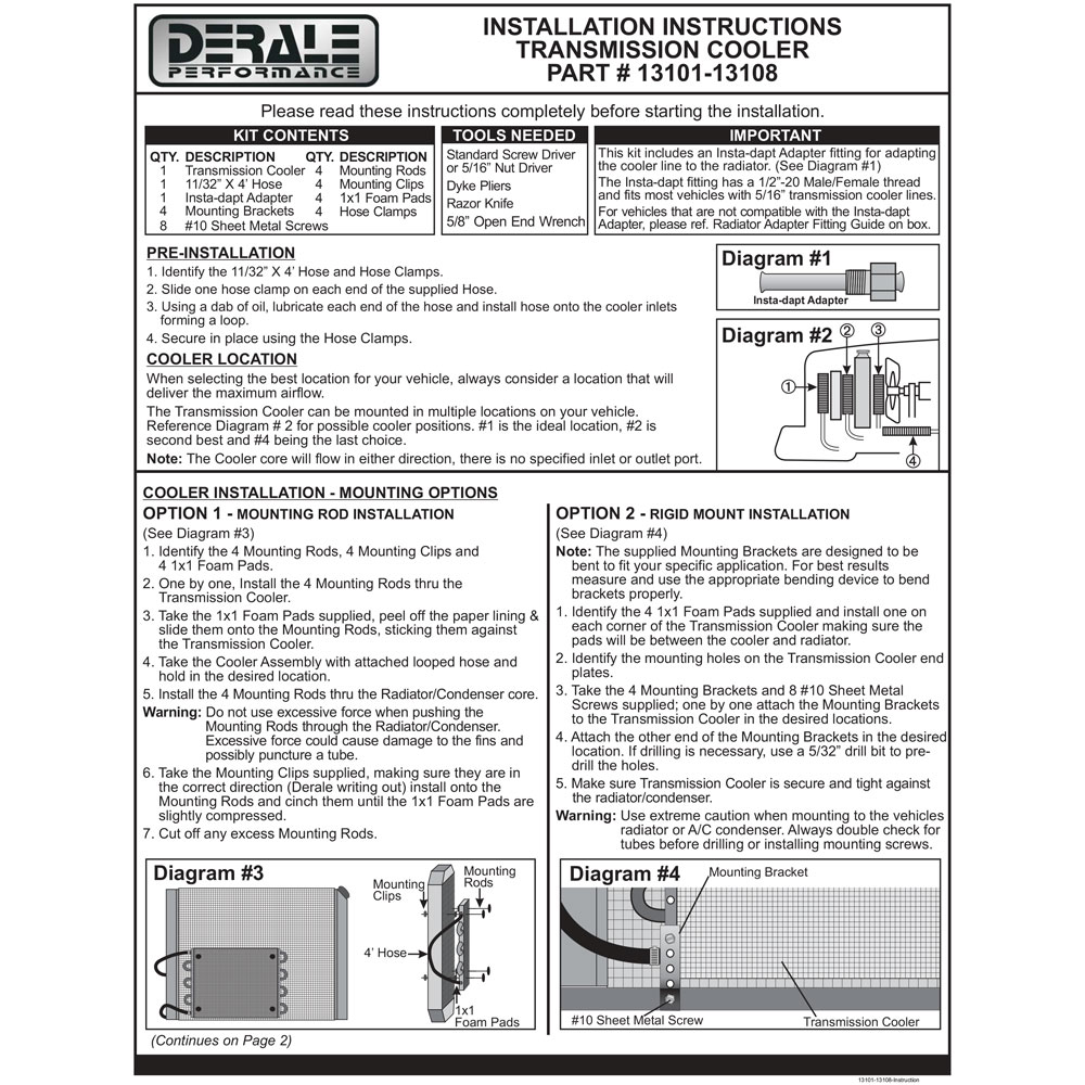 Derale Transmission Oil Cooler Kit 13107; Series 7000 12.750 in. 8 Pass  Copper Tube, Aluminum Fin Tube and Fin 