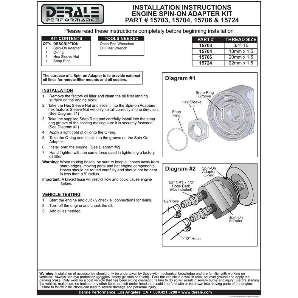 Derale Oil Filter Adapter Kit 15704; M18 x 1.50 Satin 