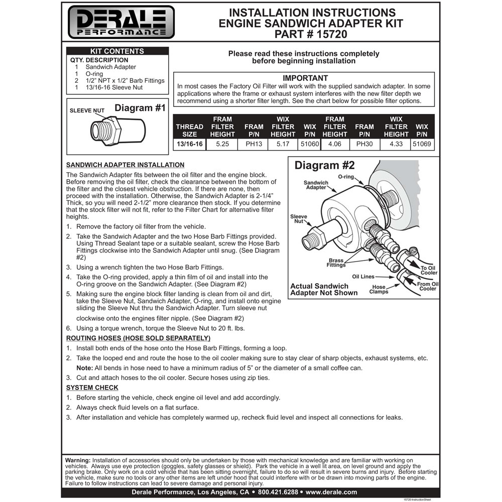 Derale Oil Filter Adapter 15720; Thermostatic Sandwich Adapter Kit 13/16 in. -16 Silver Aluminum Sandwich 