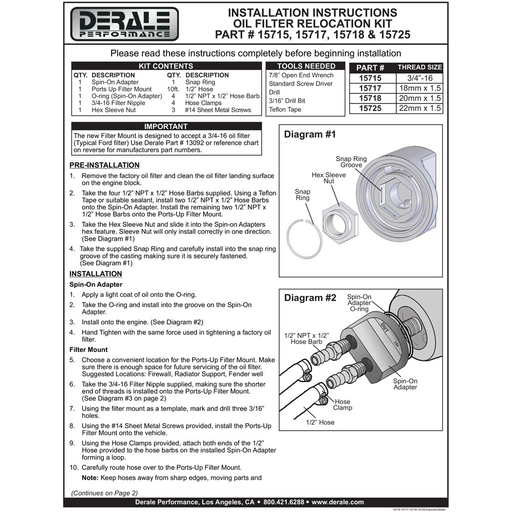 Derale Oil Filter Remote Mounting Kit 15725; Top Ports 3/4 in. -16 