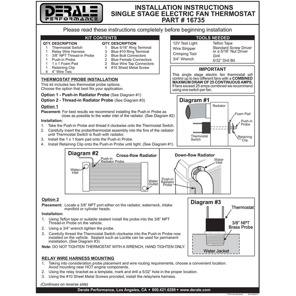 Derale Engine Coolant Fan Temperature Switch 16735; Single Stage Fan Controller 180 deg. F 2 Fan 3/8 in. -18 NPT Thread In, Push In 
