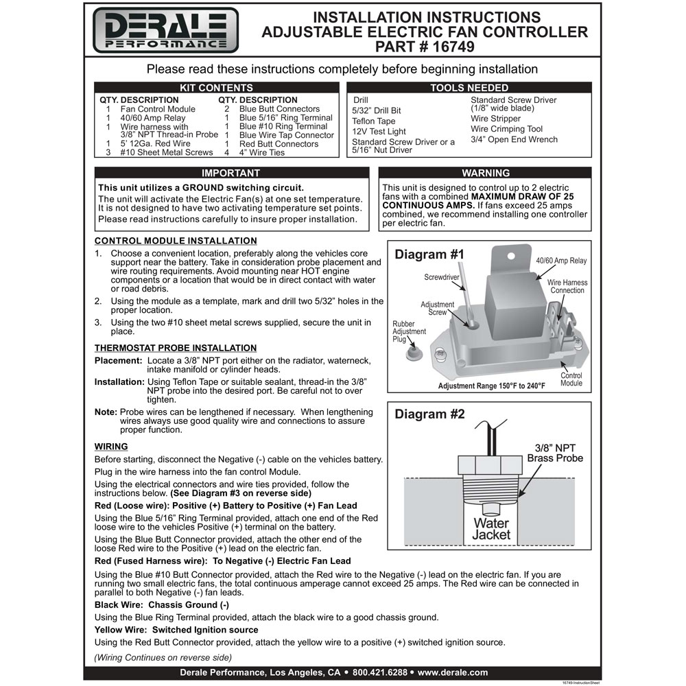 Derale Engine Coolant Fan Temperature Switch 16749; Adjustable 150 to 240 deg. F Single or Dual 3/8 in. -18 NPT Thread In 