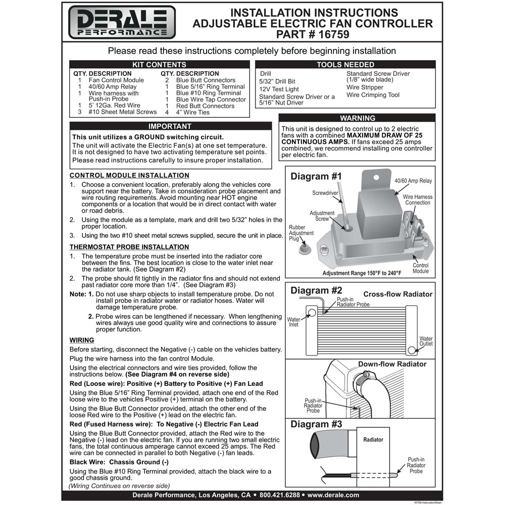 Derale Engine Coolant Fan Temperature Switch 16759; Deluxe Adjustable Controller Adjustable 150 to 240 deg. F Single Push In Probe 