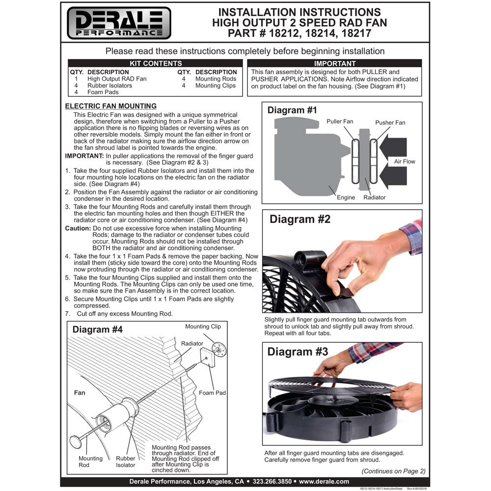 Derale Electric Fan 18212; High Output Single RAD High: 1450; Low: 1000 CFM Electric 12.000 in. Skewed 