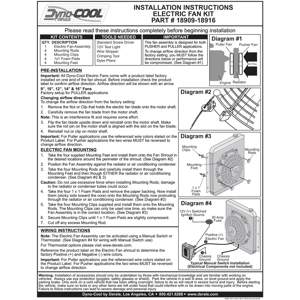 Derale Cooling Fan 18912; DynoCool 810 CFM Electric 12.000 in. 