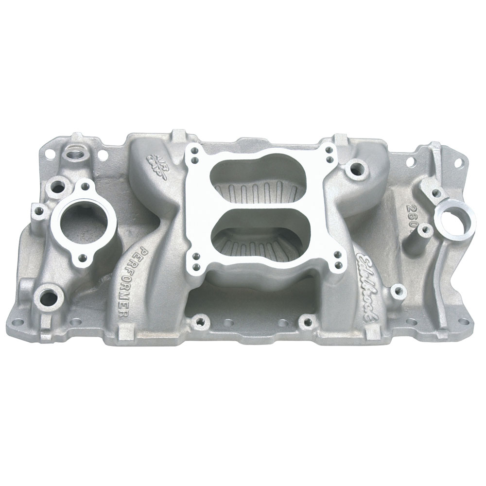 Edelbrock Intake Manifold 2601; Performer Air Gap Dual Plane Idle to 5500 Satin Aluminum for Chevy 262 to 400 