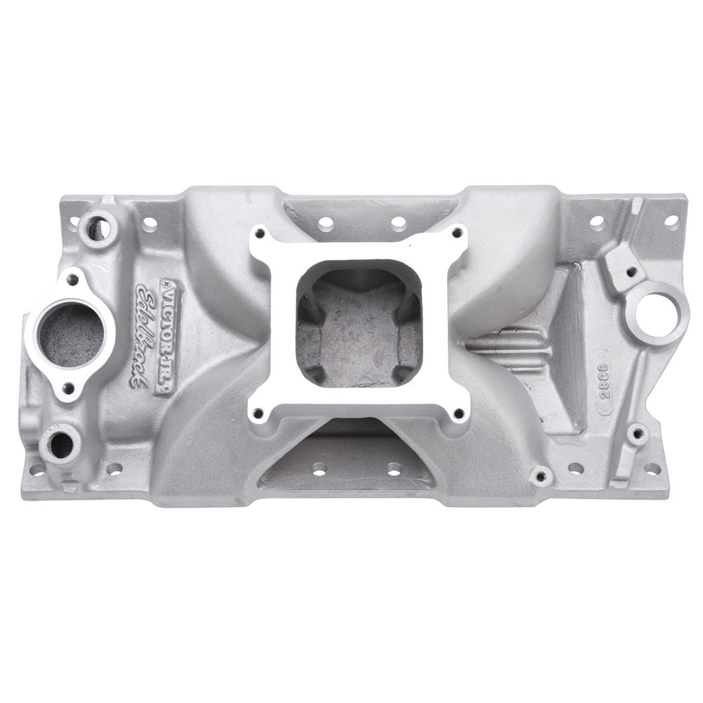 Edelbrock Intake Manifold 2999; Victor Jr. Tall Single Plane 3500 to 8000 Satin Aluminum for Chevy 262 to 400 