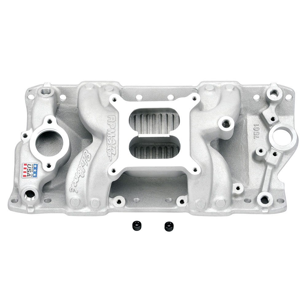 Edelbrock Intake Manifold 7501; RPM Air Gap Dual Plane 1500 to 6500 Satin Aluminum for Chevy 262 to 400 