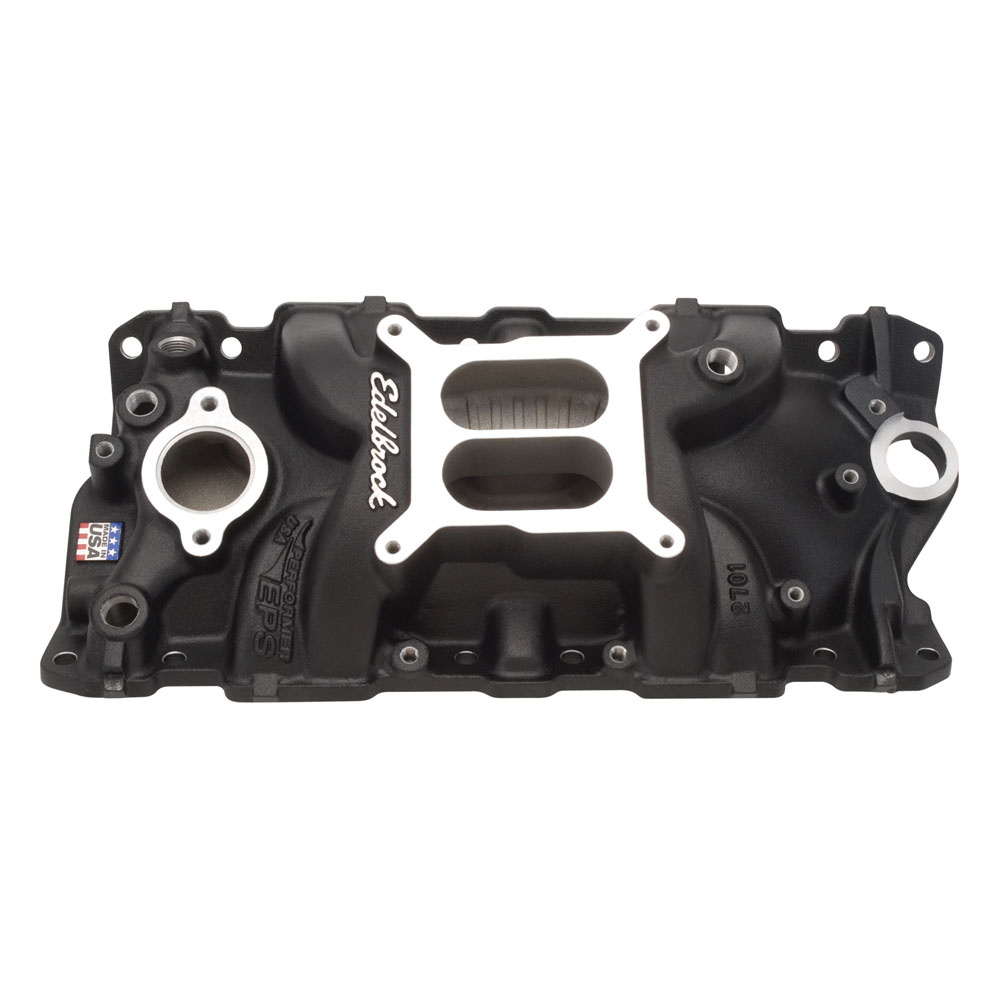 Edelbrock Intake Manifold 27013; Performer EPS Dual Plane Idle to 5500 Black Powdercoat Aluminum for Chevy 262 to 400 