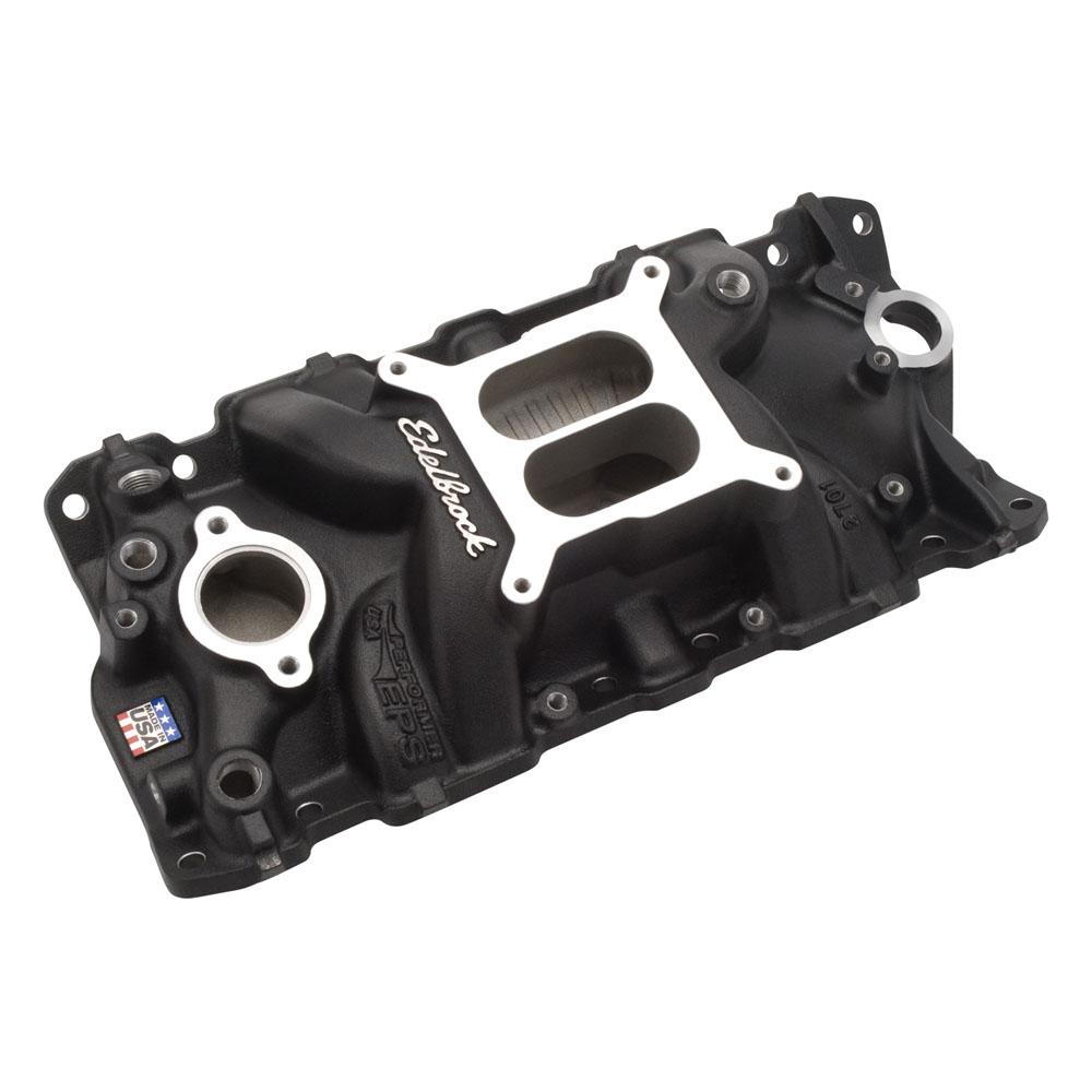 Edelbrock Intake Manifold 27013; Performer EPS Dual Plane Idle to 5500 Black Powdercoat Aluminum for Chevy 262 to 400 