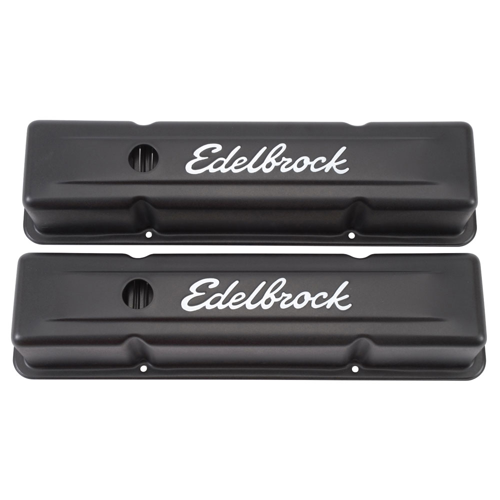 Photo for Edelbrock Valve Cover Set 4643; Signature Series Tall Black Textured Steel for Chevy 350 