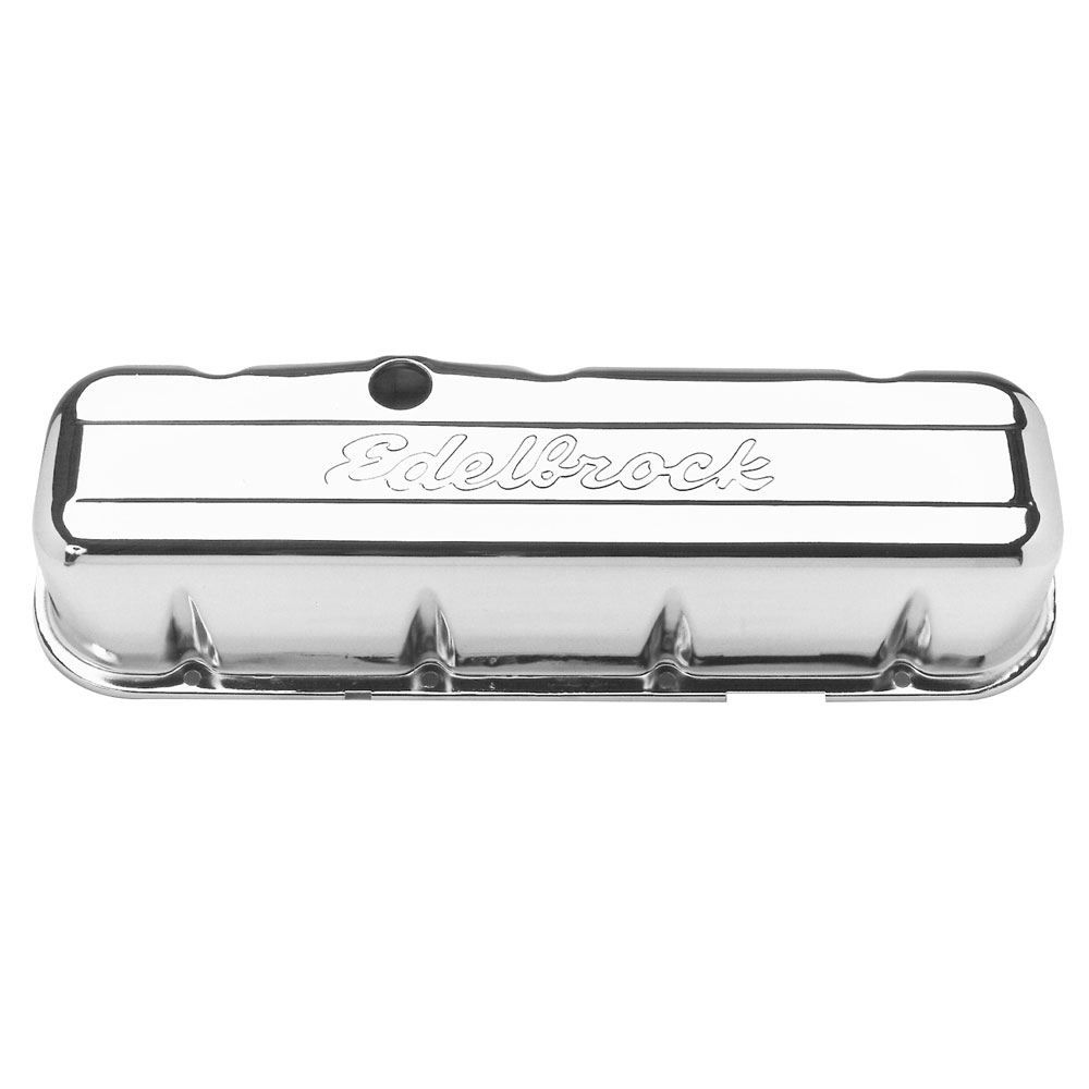 Photo for Edelbrock Valve Cover Set 4680; Signature Series Edelbrock Logo Chrome Steel for Chevy 396 to 454 