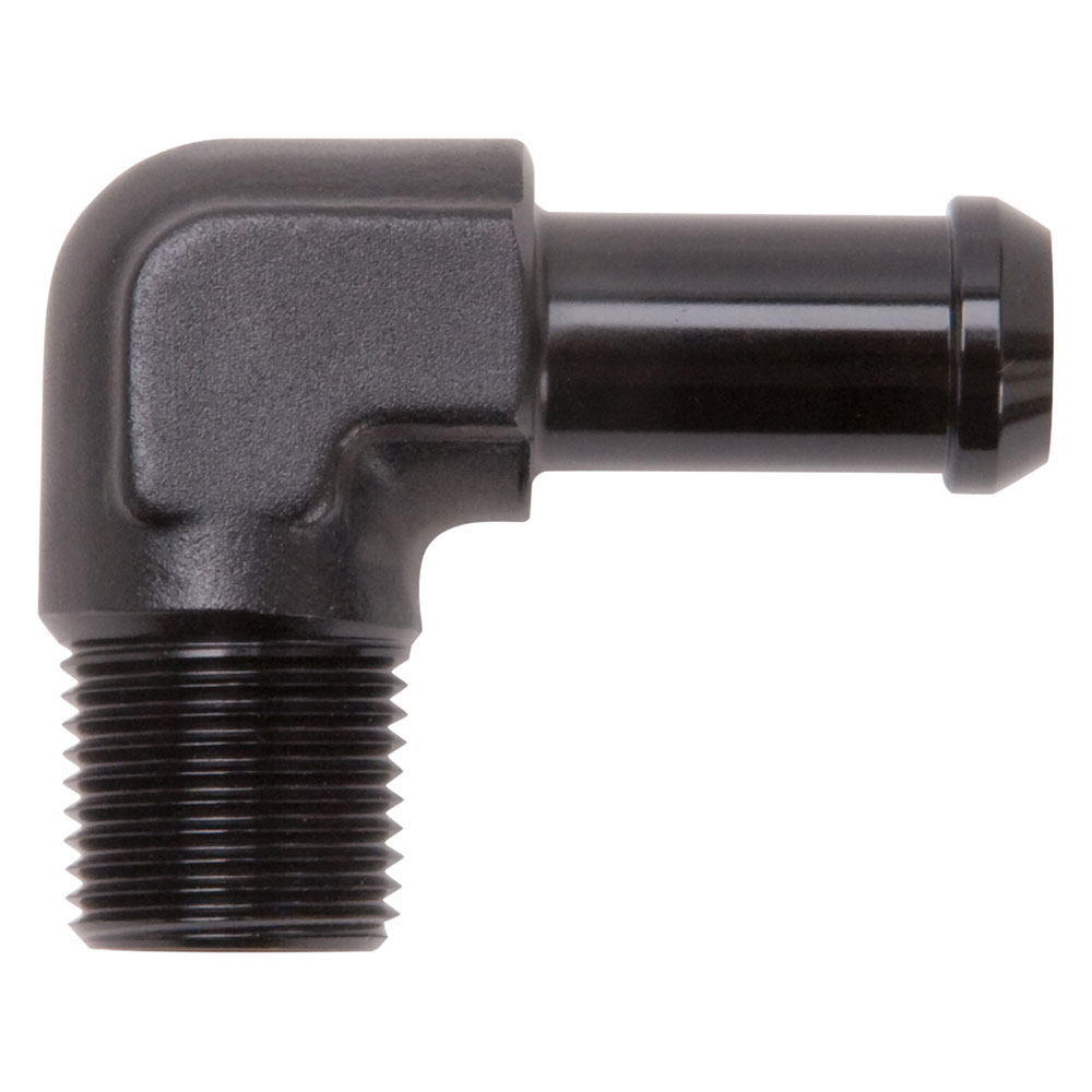 Edelbrock Pipe Fitting 8163; NPT to Barb Fitting Adapter Black 3/8 in. NPT Male 90 deg. 1/2 in. Hose Barb 