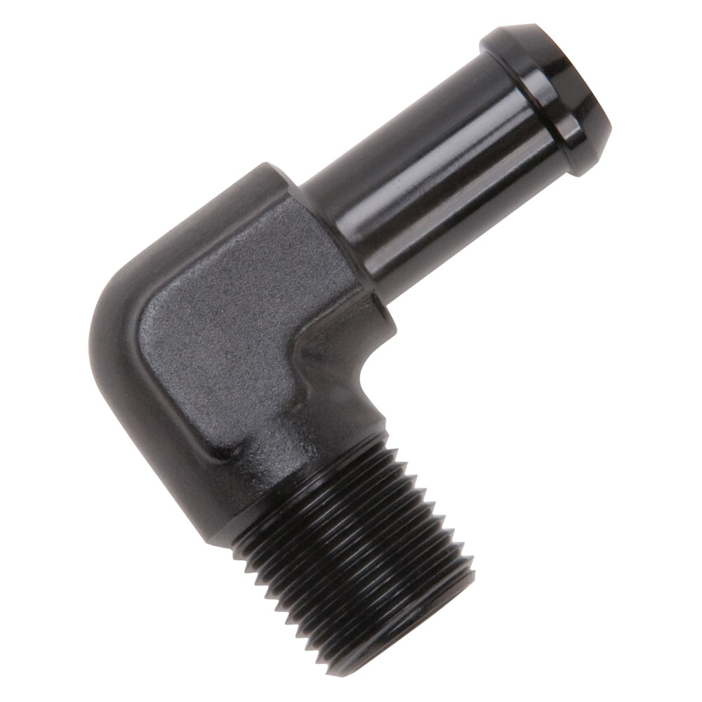 Edelbrock Pipe Fitting 8163; NPT to Barb Fitting Adapter Black 3/8 in. NPT Male 90 deg. 1/2 in. Hose Barb 