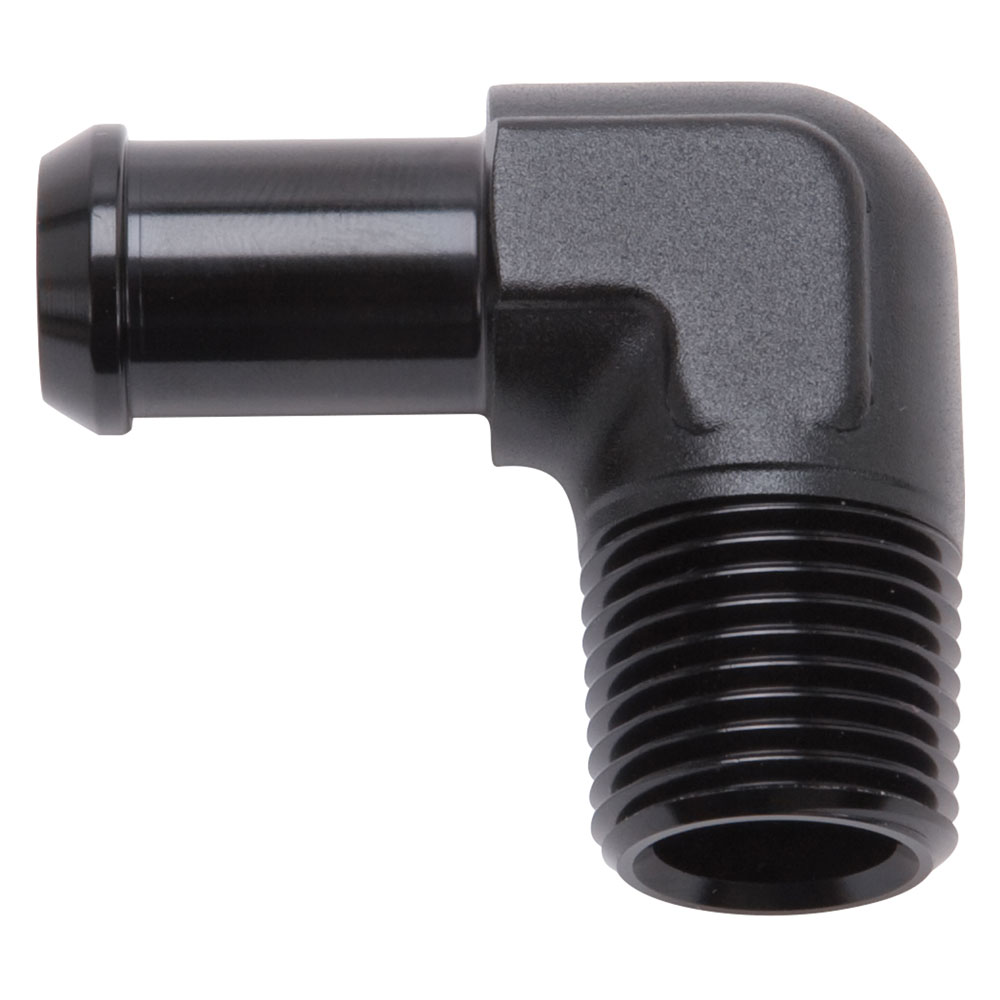 Edelbrock Pipe Fitting 8178; NPT to Barb Fitting Adapter Black 1/2 in. NPT Male 90 deg. 5/8 in. Hose Barb 
