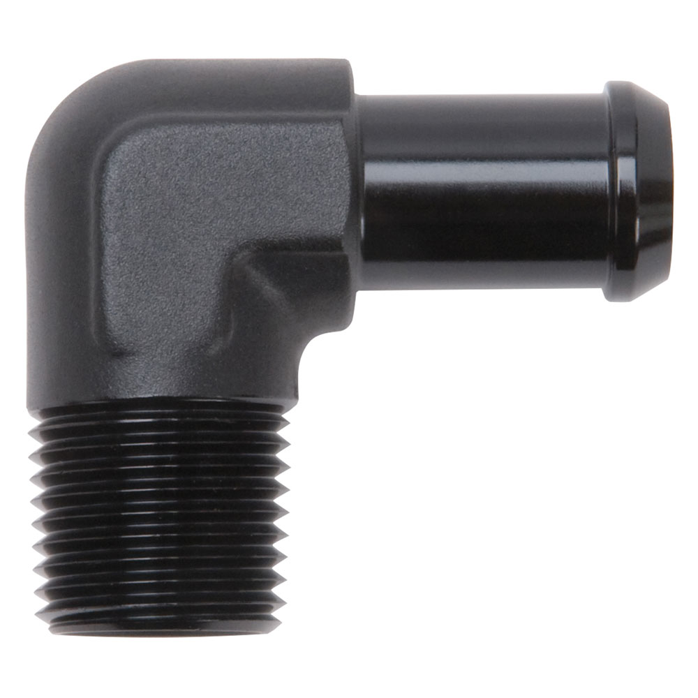 Edelbrock Pipe Fitting 8178; NPT to Barb Fitting Adapter Black 1/2 in. NPT Male 90 deg. 5/8 in. Hose Barb 