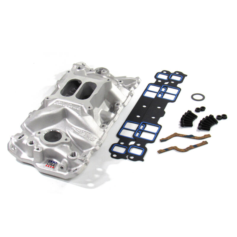 Edelbrock Intake Manifold 2701KIT; Performer EPS Rectangular Dual Plane Idle to 5500 Satin Aluminum for Chevy 262 to 400 
