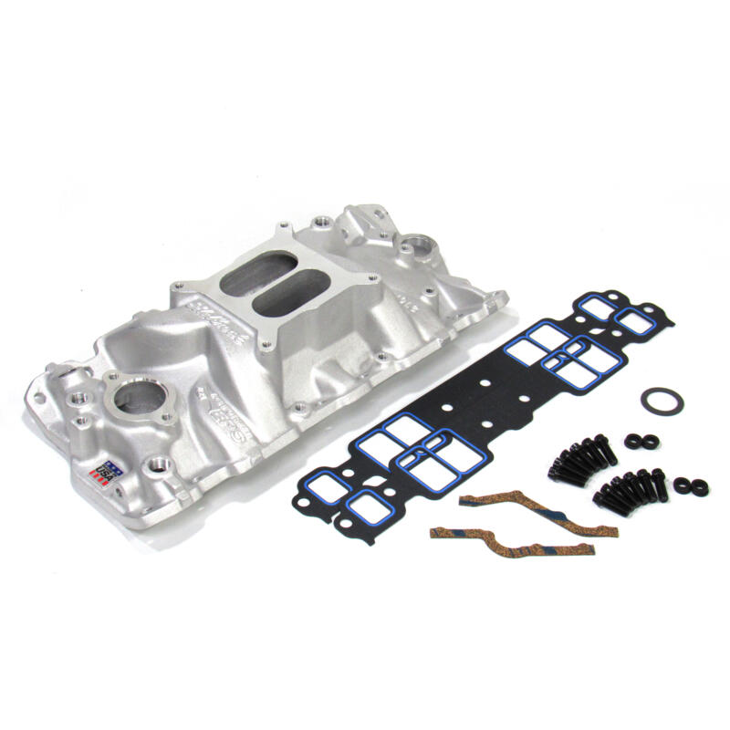 Edelbrock Intake Manifold 2701KIT; Performer EPS Rectangular Dual Plane Idle to 5500 Satin Aluminum for Chevy 262 to 400 