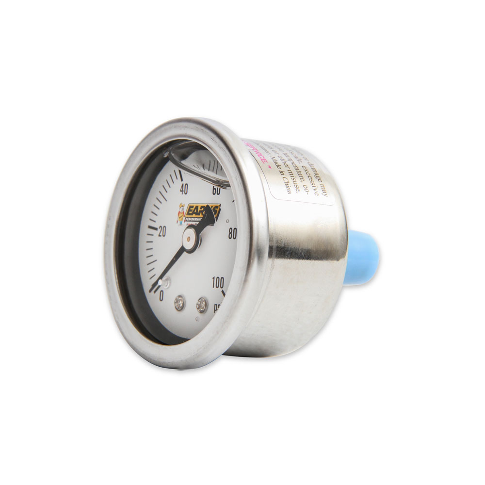 EARL'S Fuel Pressure Gauge 100187ERL; Liquid Filled Inline 0 to 100 PSI 1-1/2 in. 