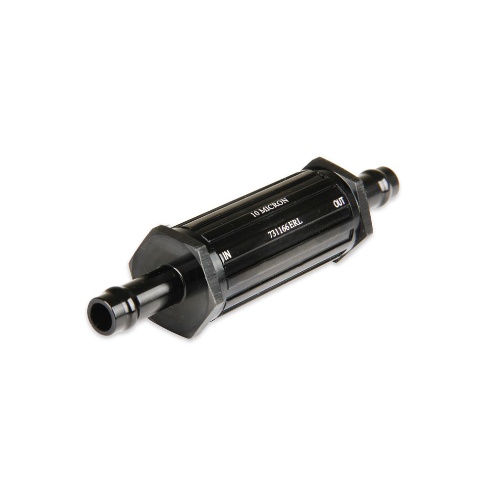 EARL'S Fuel Filter 731166ERL; Vapor Guard 3/8 in. Hose Barb 10 Micron Black Anodized Aluminum 