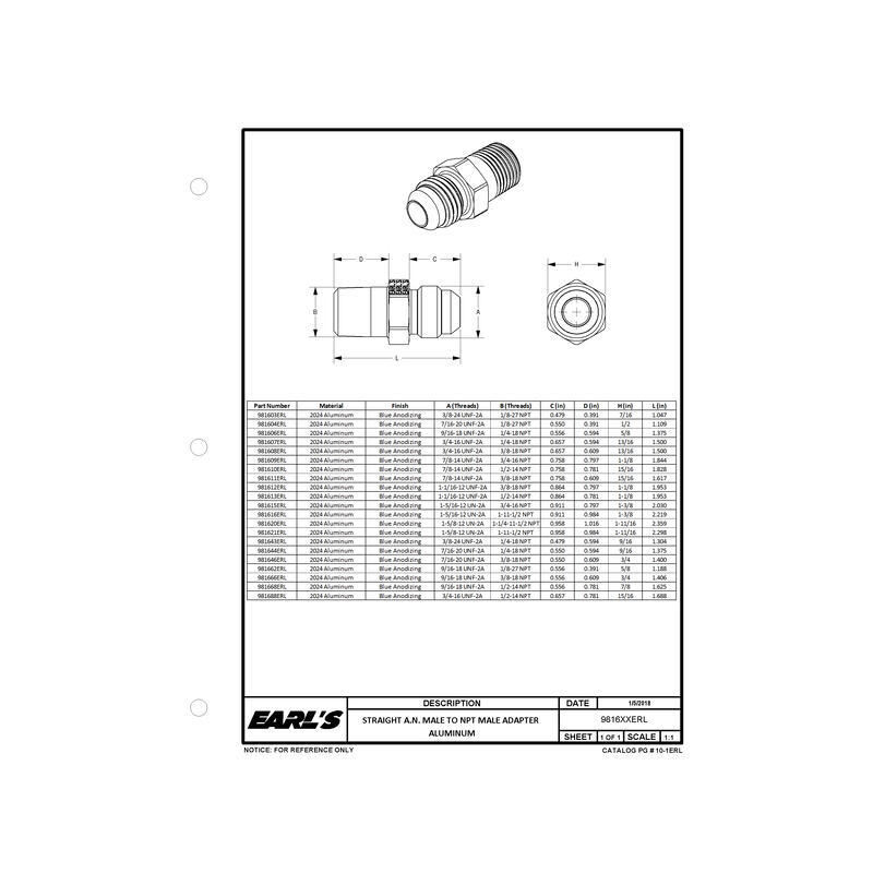 Earl's Performance Plumbing AN Fitting 981666ERL; AN to NPT Adapter Blue -06AN Male Straight 3/8 in. NPT Male 