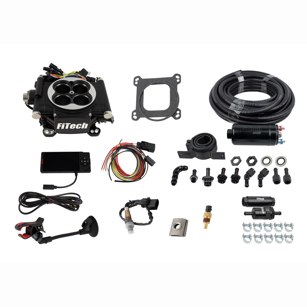FiTech Fuel Injection System 31002; Go EFI 4 and In Line Fuel Pump Master Kit 600 HP Throttle Body Black Die Cast Aluminum 