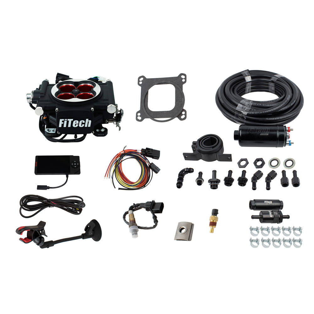 FiTech Fuel Injection System 31004; Go EFI 8 Power Adder and In line Fuel Pump Master Kit 600 HP Throttle Body Black Die Cast Aluminum 