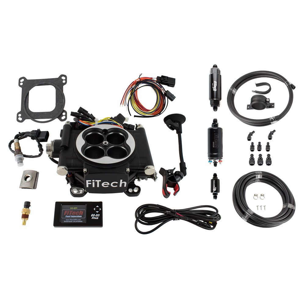 FiTech Fuel Injection Fuel Injection System Kit 31002; Go EFI 4 and In Line Fuel Pump Master Kit 600 HP Throttle Body Black Die Cast Aluminum 