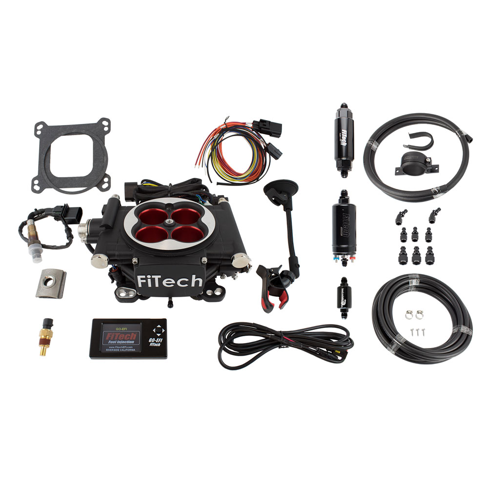 FiTech Fuel Injection System 31004; Go EFI 8 Power Adder and In line Fuel Pump Master Kit 600 HP Throttle Body Black Die Cast Aluminum 