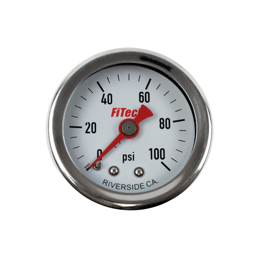 FiTech Fuel Pressure Gauge 80117; Liquid Filled Inline 0 to 100 PSI 1-1/2 in. Mechanical 