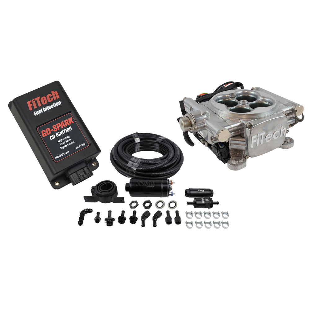 Photo for FiTech Fuel Injection System Kit 93101; Go EFI 4 and In Line Fuel Pump and Go Spark CDI 650 HP Throttle Body Bright Die Cast Aluminum